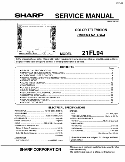 SHARP 21FL94 Service manual IXA983WJ, BR24L04F, M61251CF, CXA2194Q, AN17820B, STV9302A=AN15524A, VT1T5UF202, STR-W6753